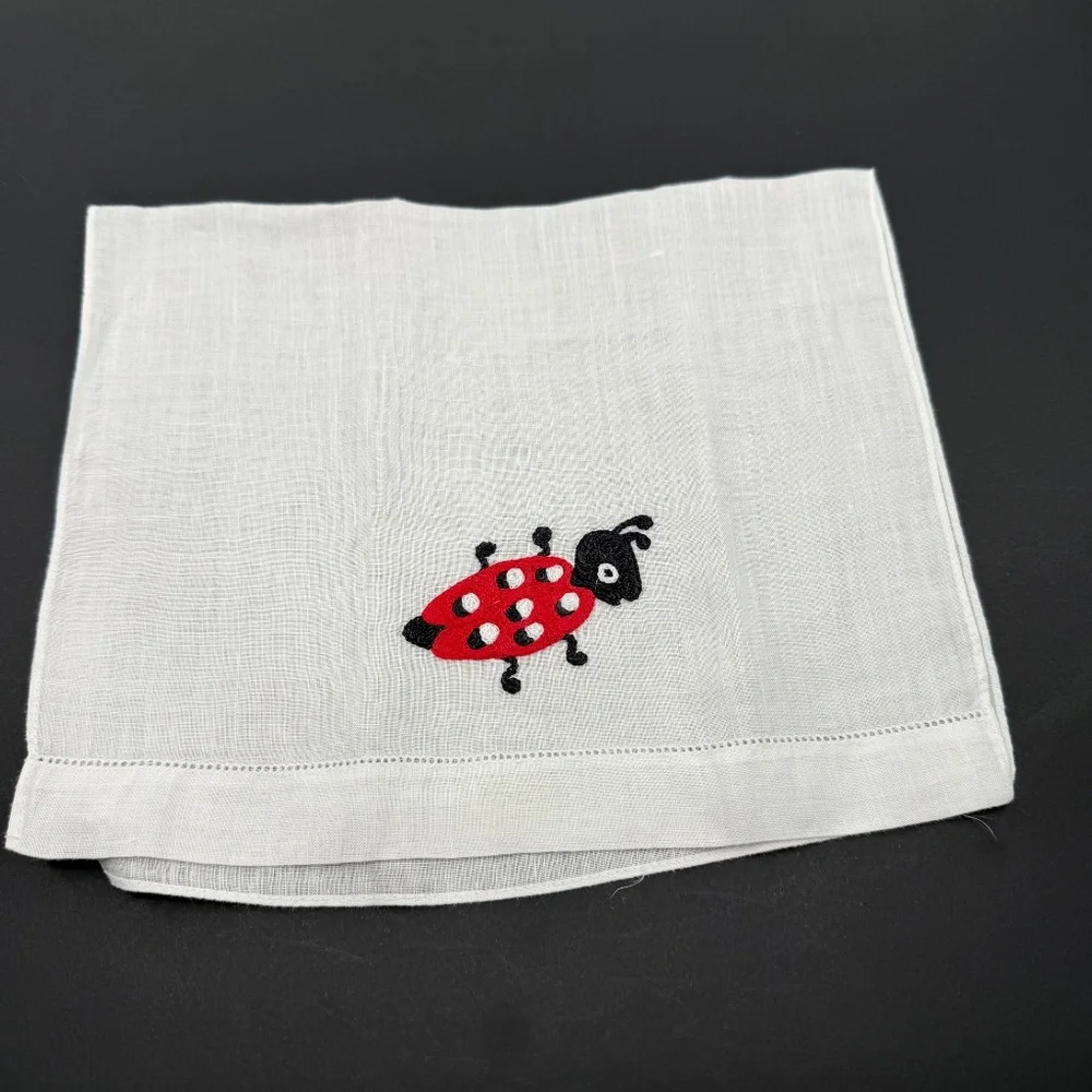 Vintage,Unused White Madeira Linen , Embroidered Ladybug Finger Tip Guest Towel